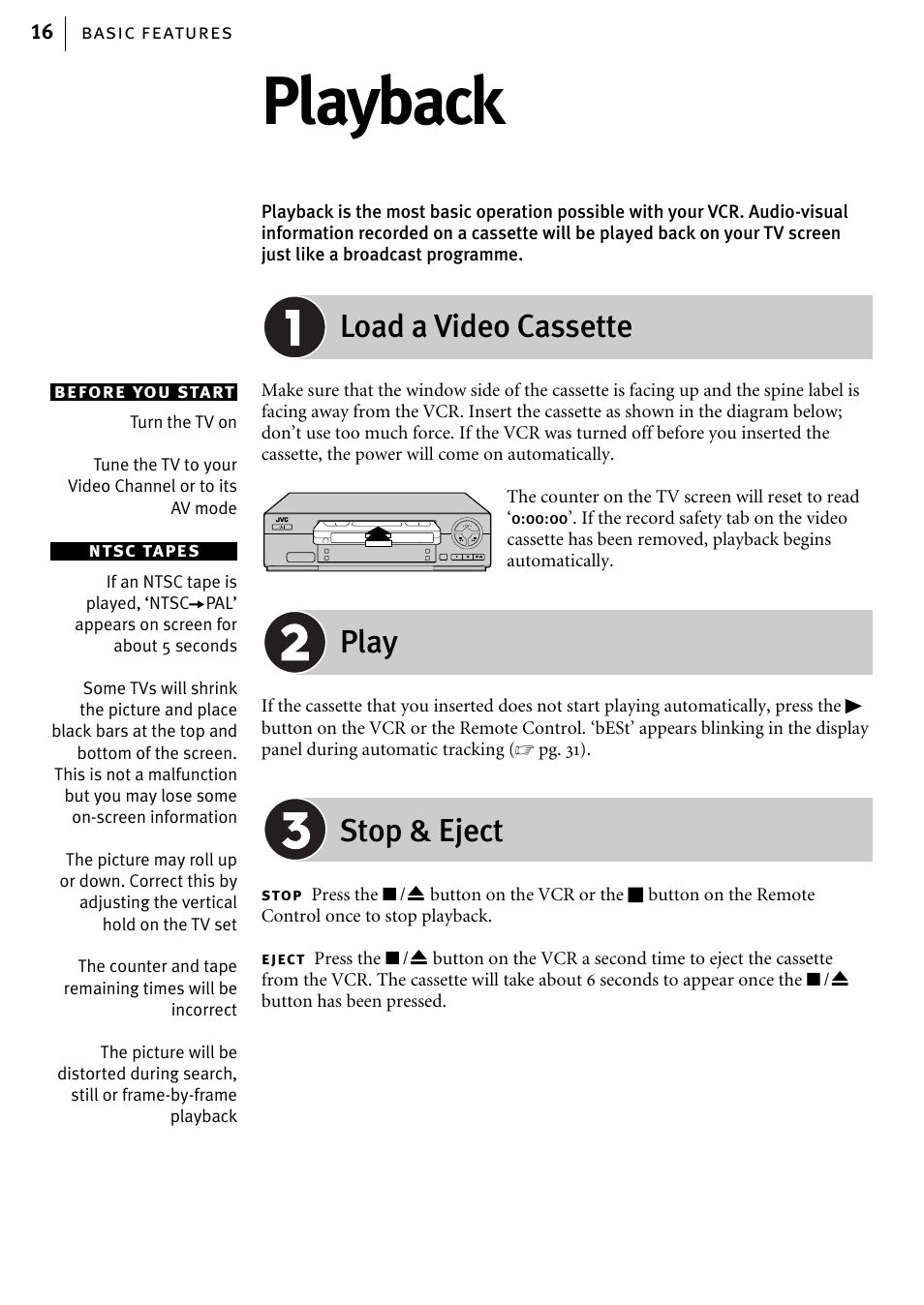Playback, Load a video cassette, Play | Stop & eject | JVC HR-J580EK User Manual | Page 16 / 56