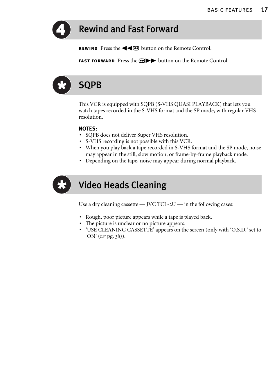Rewind and fast forward, Sqpb, Video heads cleaning | JVC HR-J580EK User Manual | Page 17 / 56