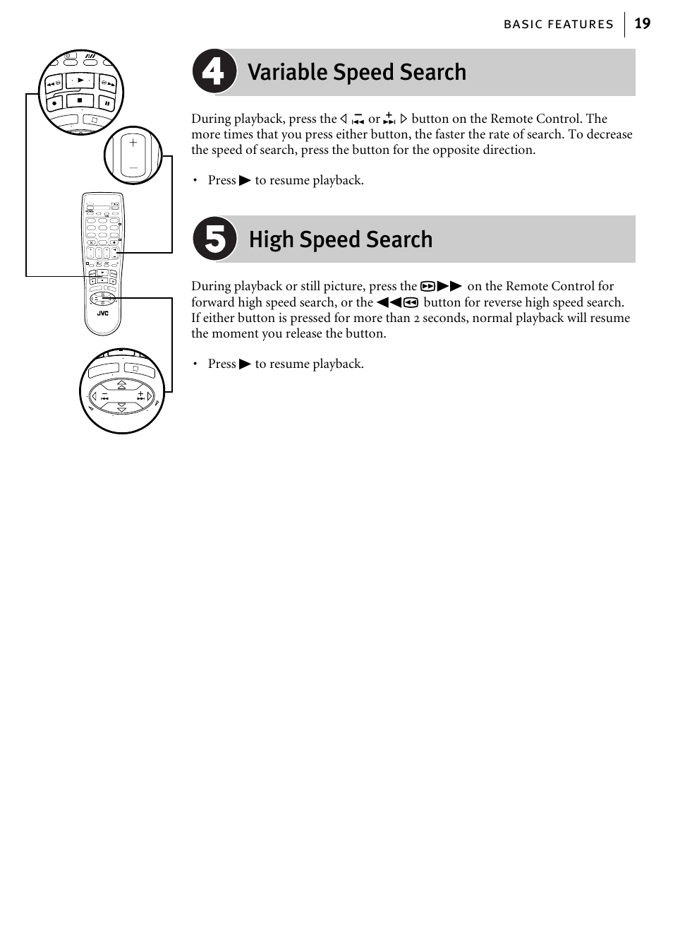 Variable speed search, High speed search, Basic features 19 | JVC HR-J580EK User Manual | Page 19 / 56
