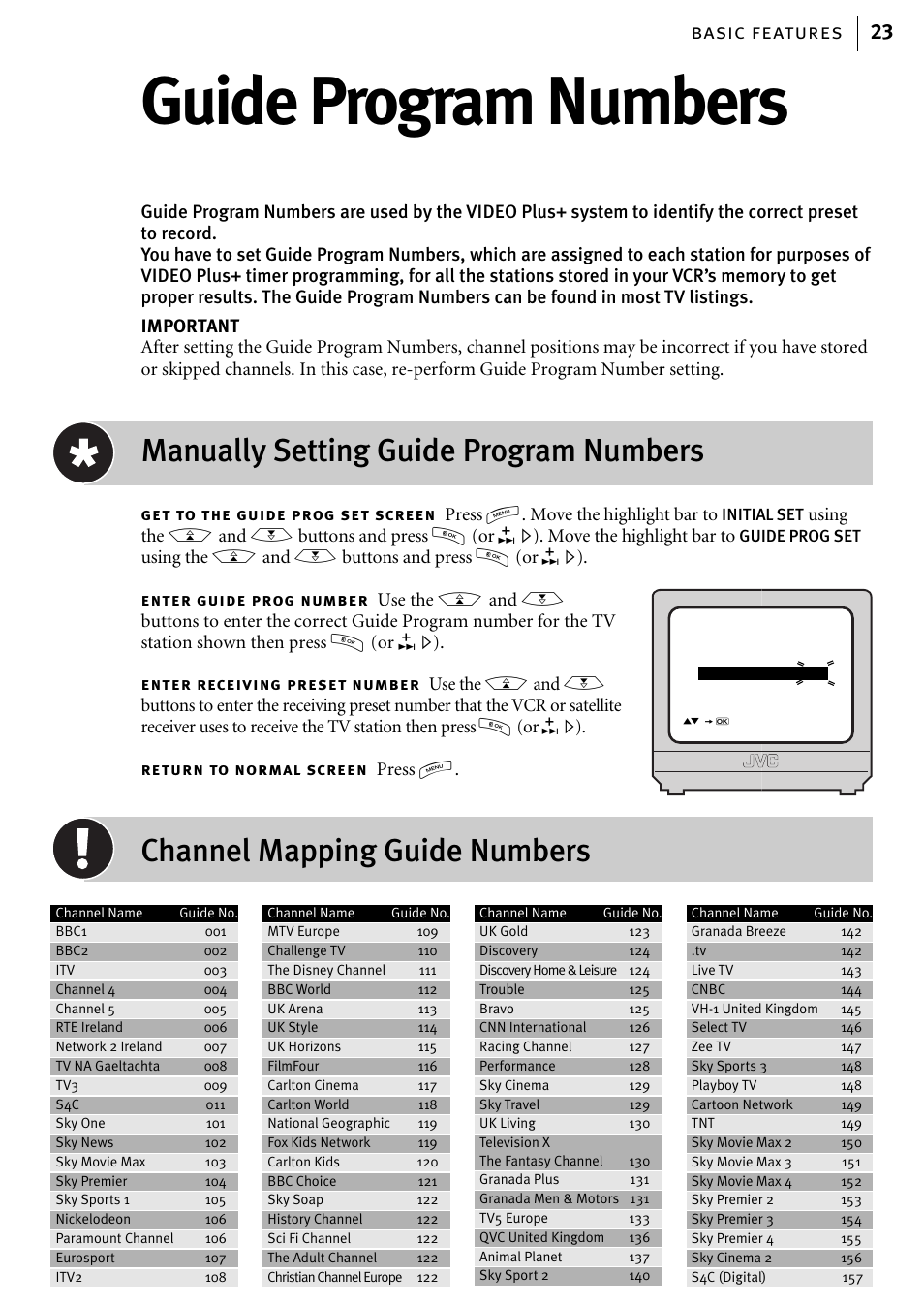 Guide program numbers, Manually setting guide program numbers, Channel mapping guide numbers | Basic features 23, Press m. move the highlight bar to, Using the a and b buttons and press o (or e), Press m | JVC HR-J580EK User Manual | Page 23 / 56