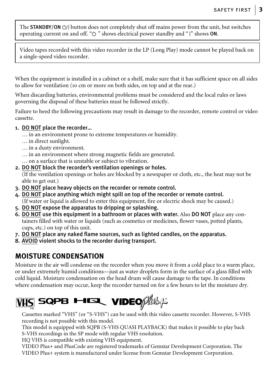 Moisture condensation | JVC HR-J580EK User Manual | Page 3 / 56
