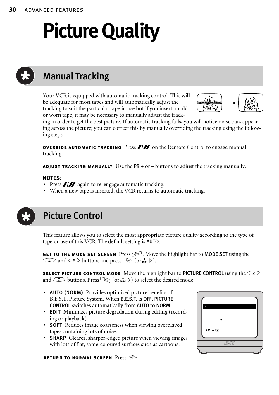 Picture quality, Manual tracking, Picture control | Advanced features 30 | JVC HR-J580EK User Manual | Page 30 / 56