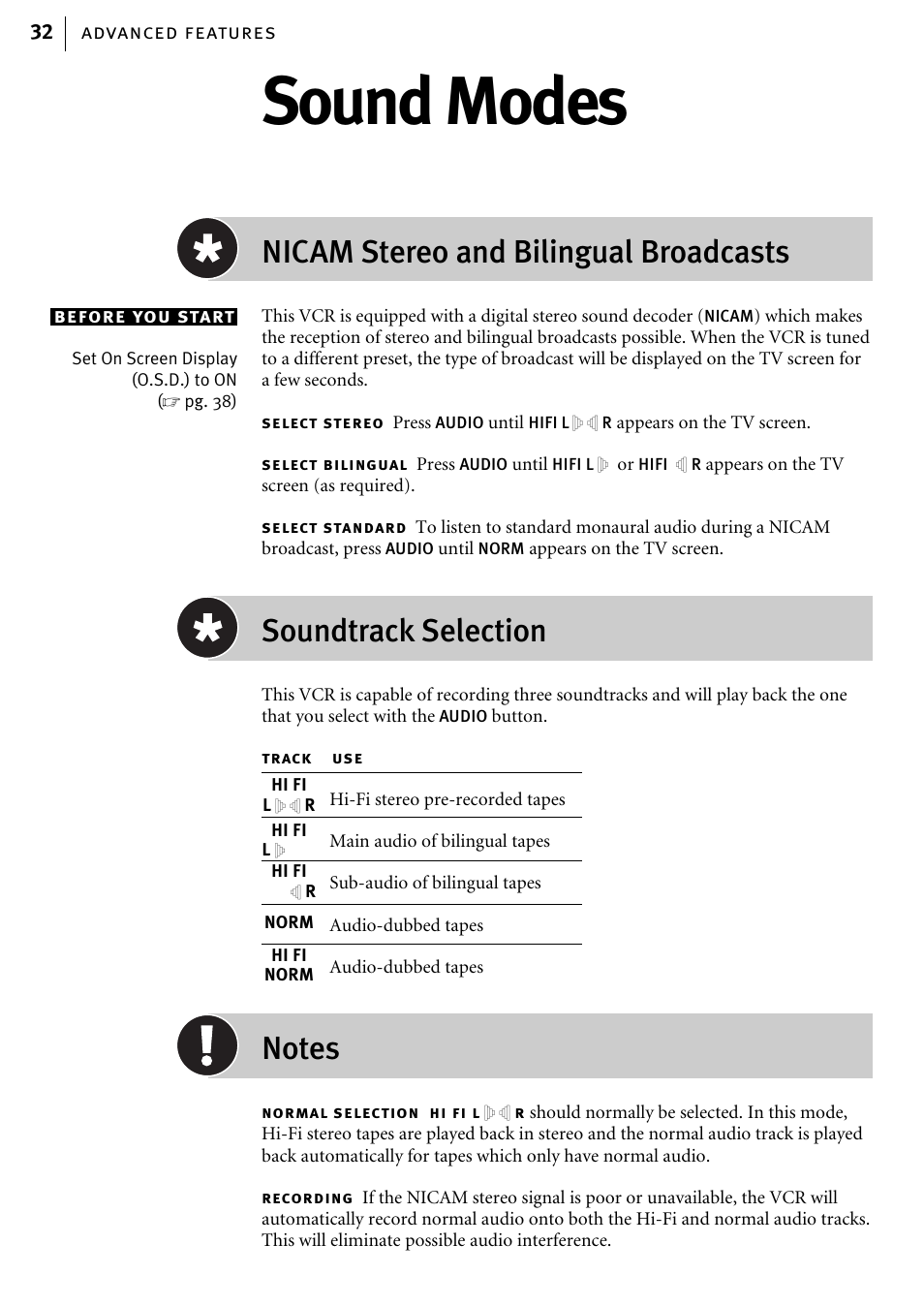 Sound modes, Nicam stereo and bilingual broadcasts, Soundtrack selection | JVC HR-J580EK User Manual | Page 32 / 56