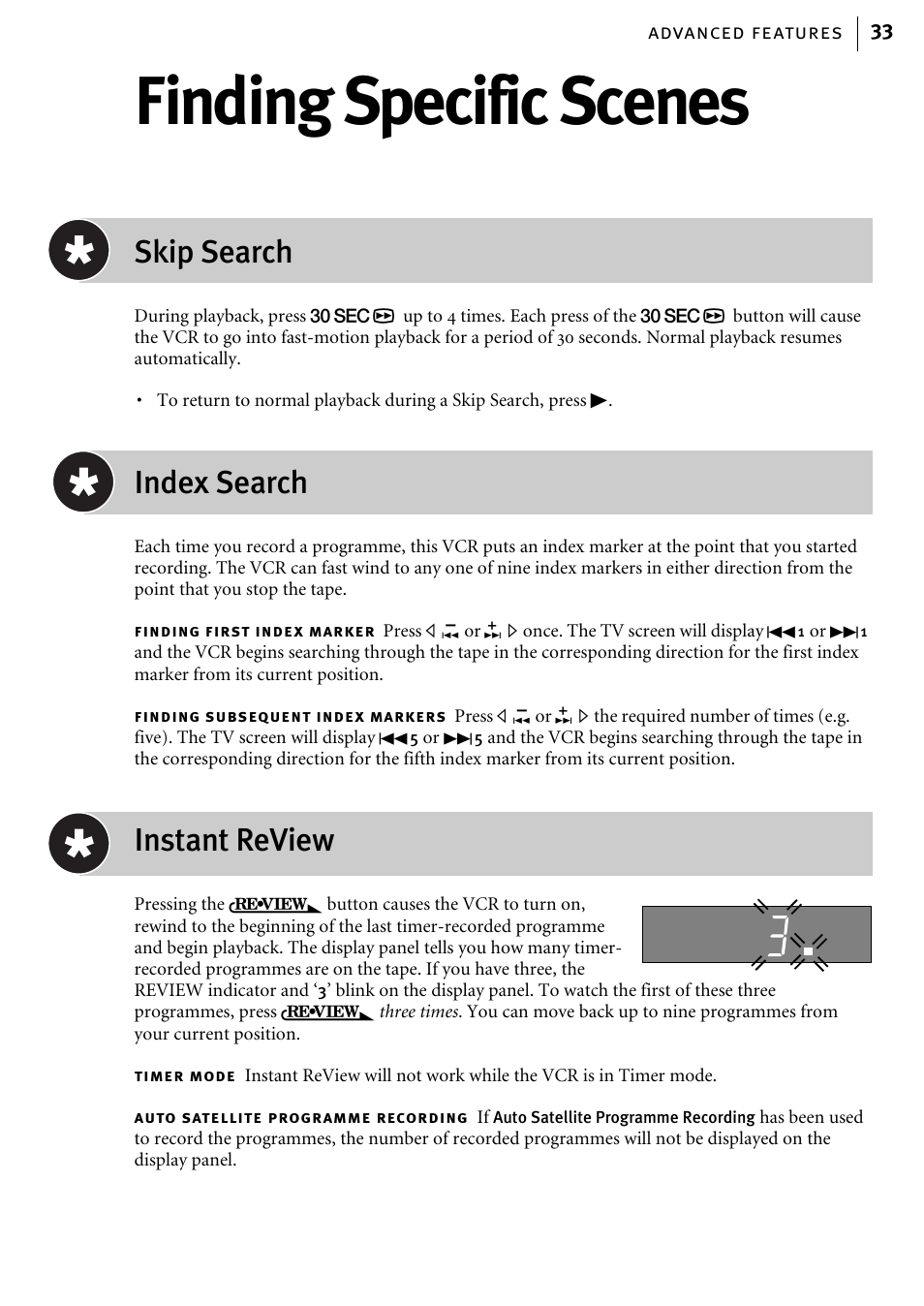 Finding specific scenes, Skip search, Index search | Instant review | JVC HR-J580EK User Manual | Page 33 / 56
