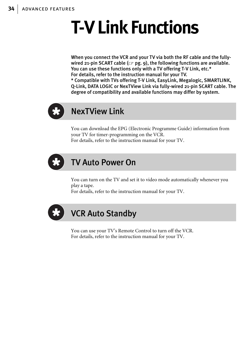 T-v link functions, Nextview link, Tv auto power on | Vcr auto standby | JVC HR-J580EK User Manual | Page 34 / 56