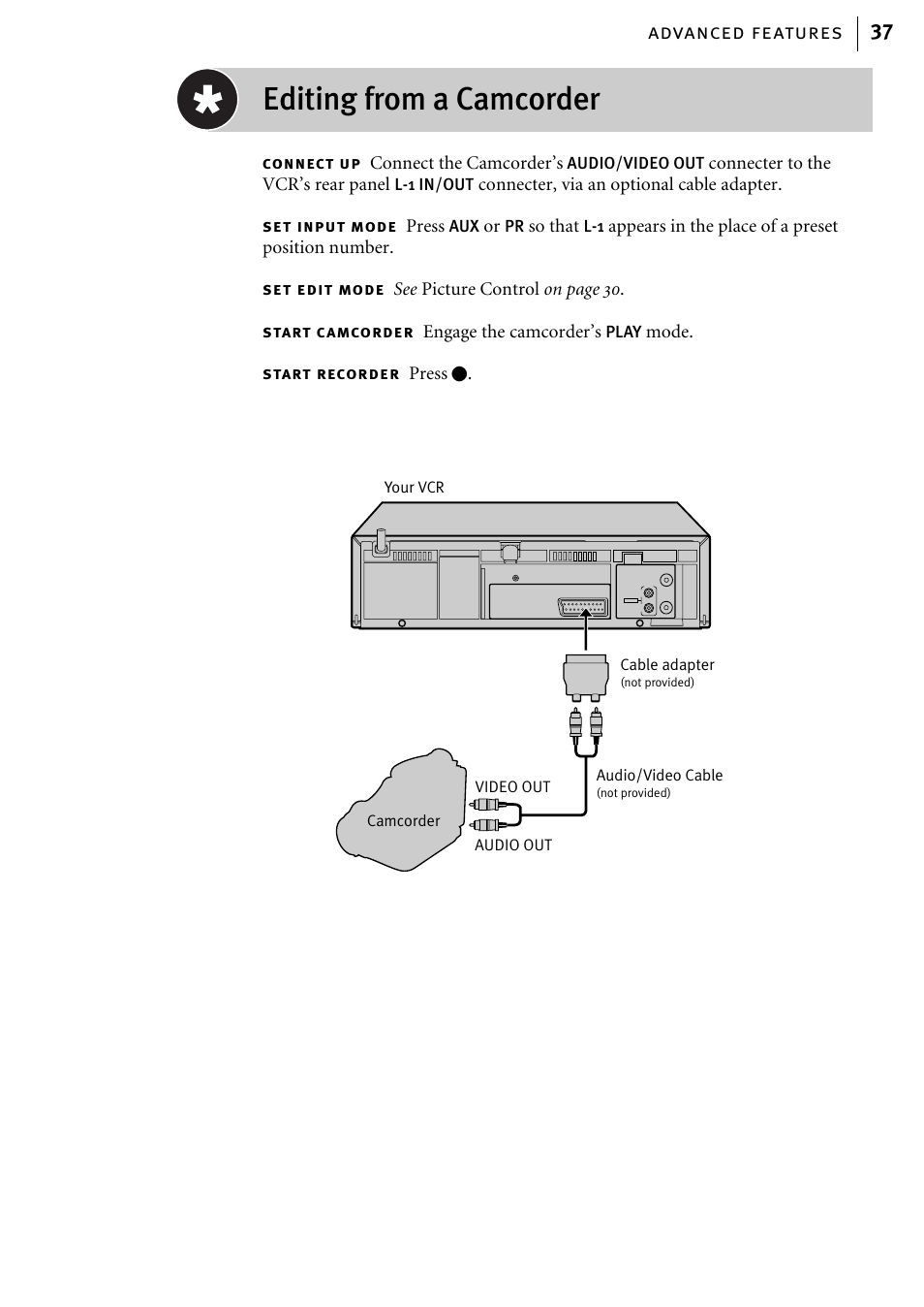 Editing from a camcorder, Advanced features 37 | JVC HR-J580EK User Manual | Page 37 / 56