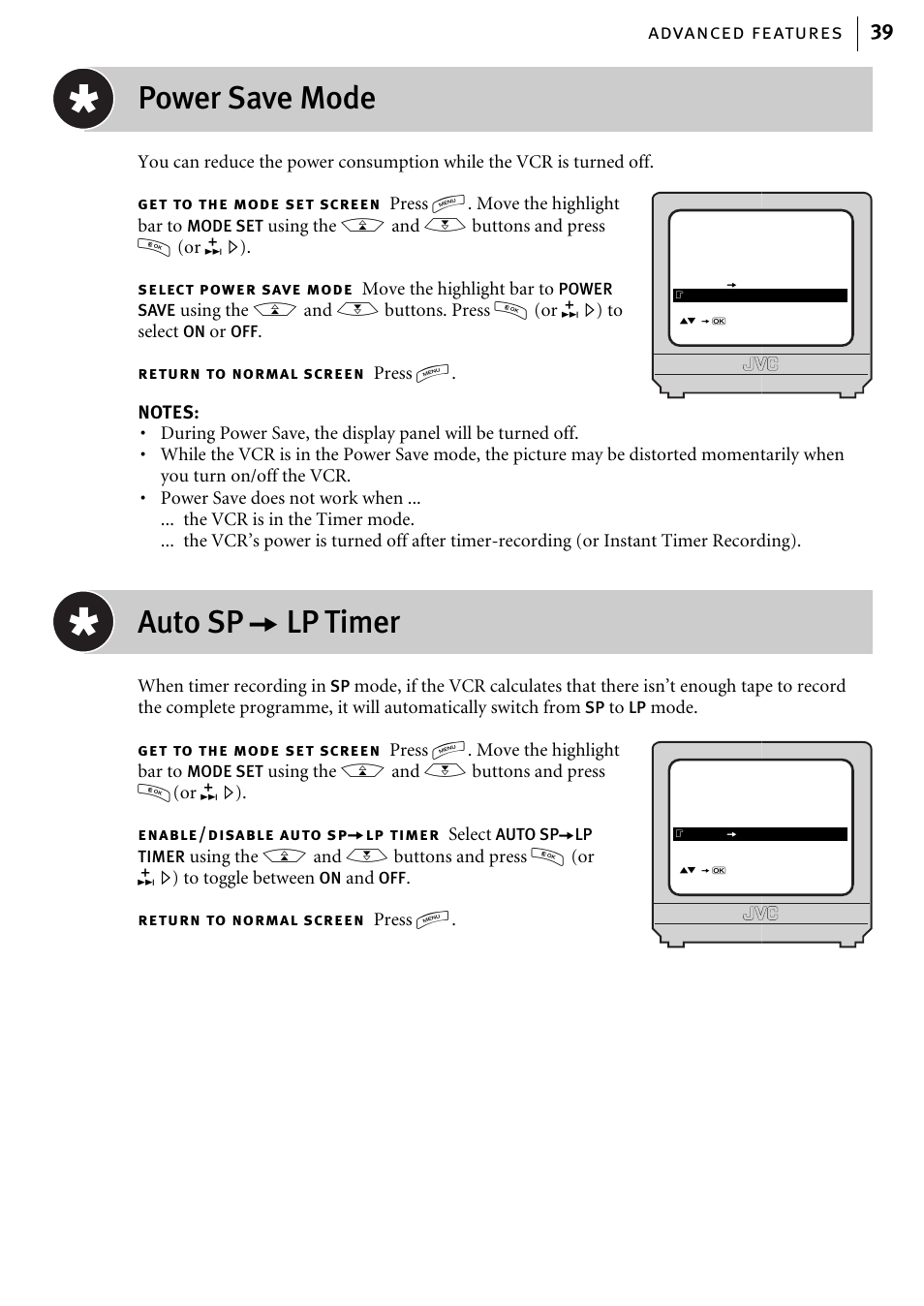 Power save mode, Auto sp a lp timer, Advanced features 39 | JVC HR-J580EK User Manual | Page 39 / 56