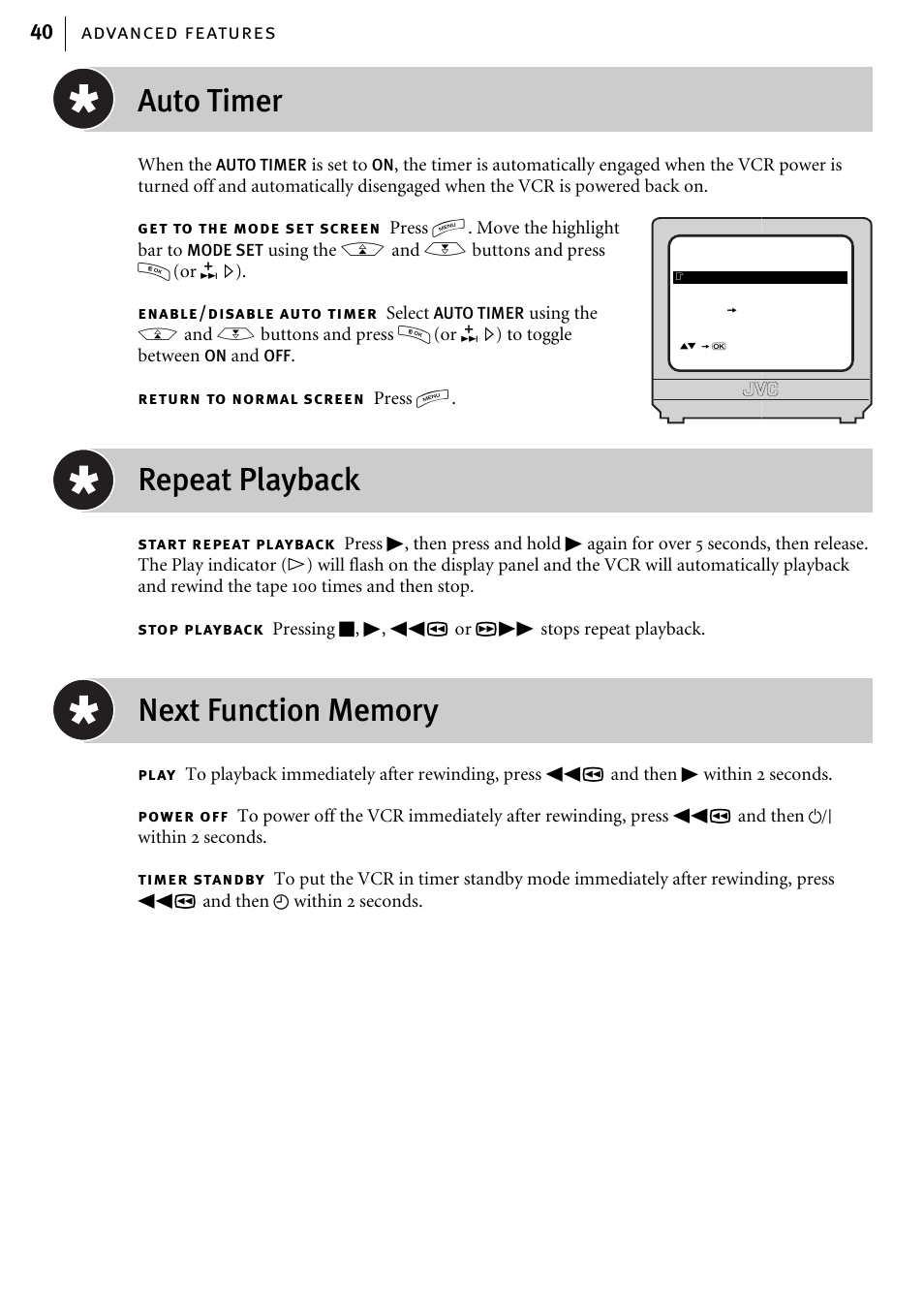 Auto timer, Repeat playback, Advanced features 40 | JVC HR-J580EK User Manual | Page 40 / 56