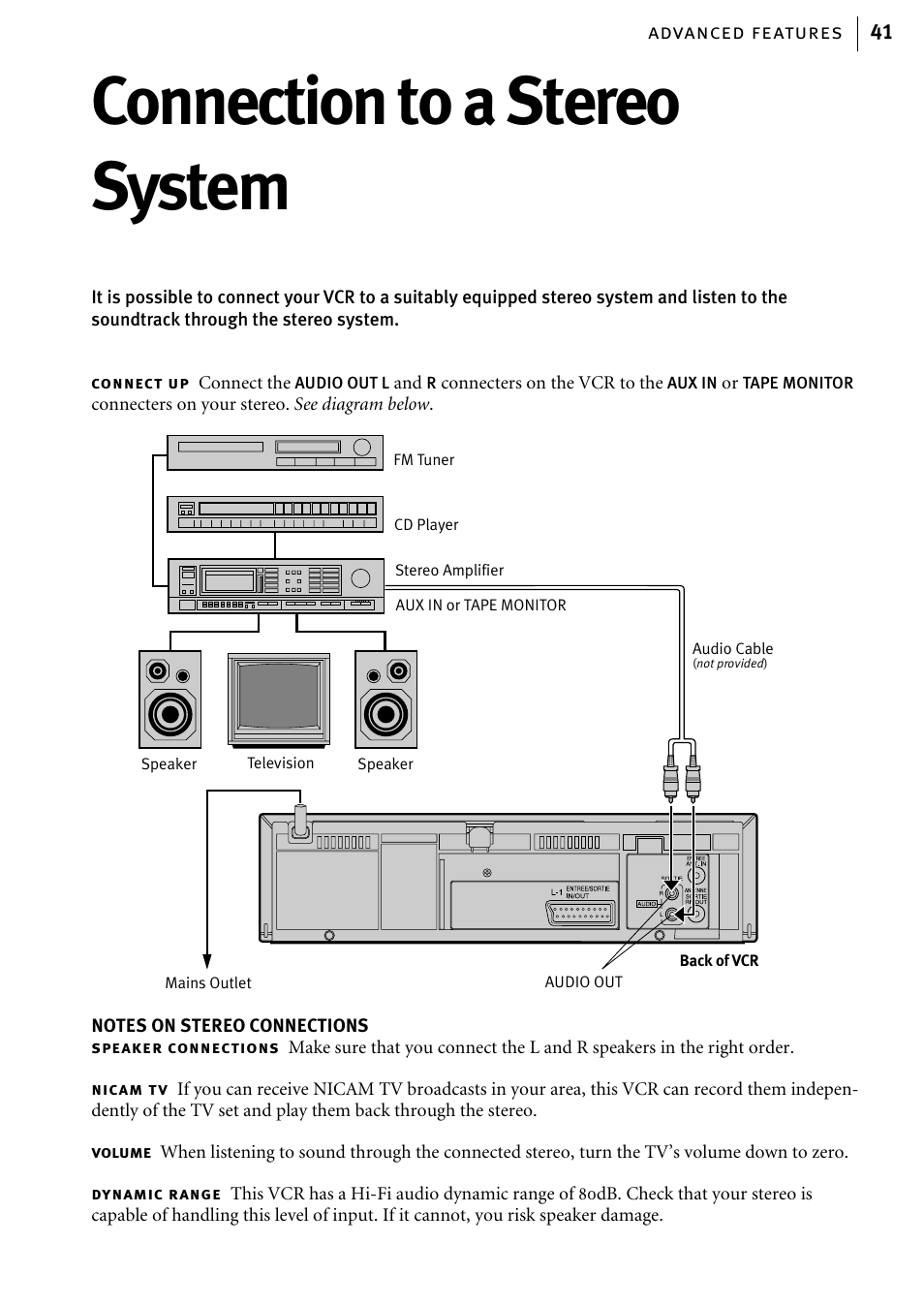 Connection to a stereo system, Advanced features 41 | JVC HR-J580EK User Manual | Page 41 / 56