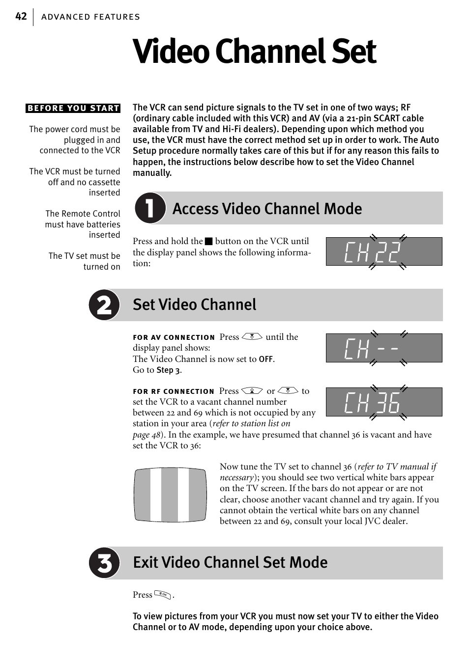 Video channel set, Access video channel mode, Set video channel | Exit video channel set mode | JVC HR-J580EK User Manual | Page 42 / 56