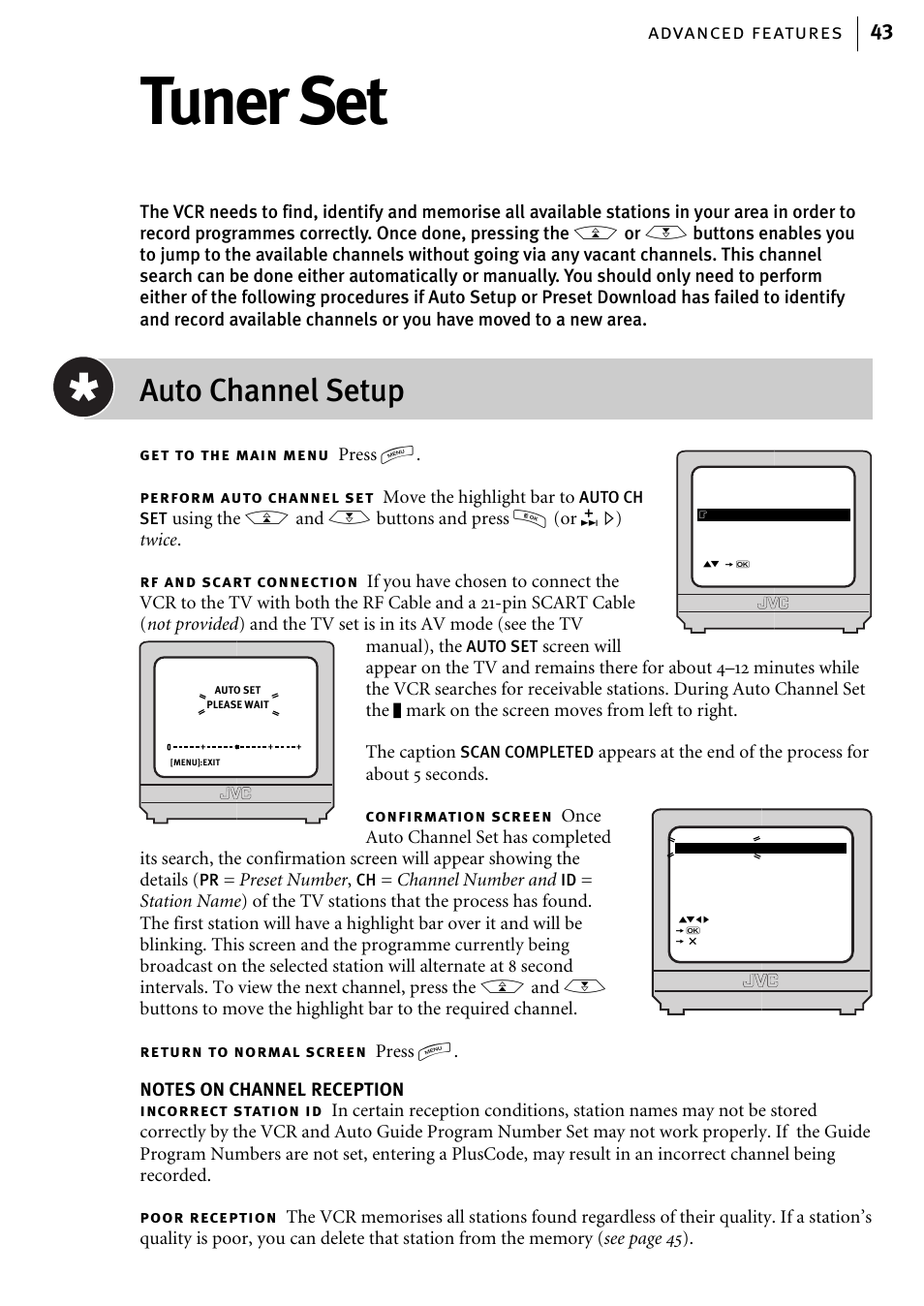 Tuner set, Auto channel setup, Advanced features 43 | Press m, Move the highlight bar to, Using the a and b buttons and press o (or e) twice, Preset number, Channel number and | JVC HR-J580EK User Manual | Page 43 / 56