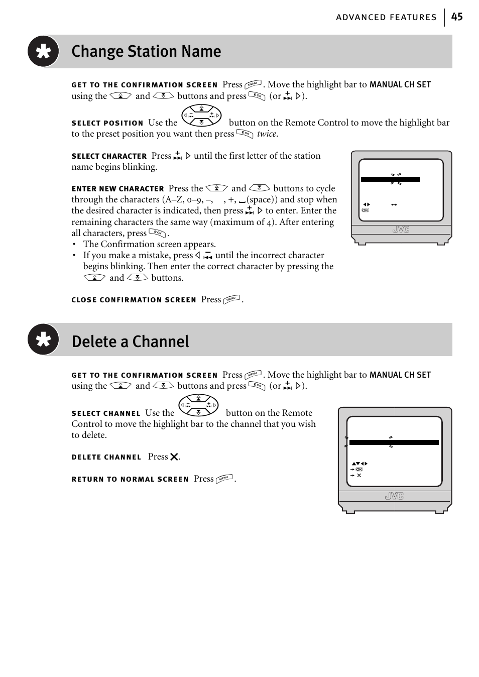 Change station name, Delete a channel, Advanced features 45 | JVC HR-J580EK User Manual | Page 45 / 56