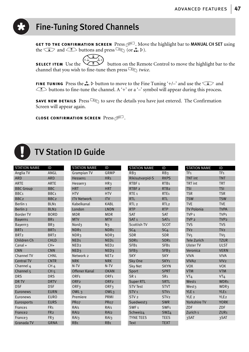 Fine-tuning stored channels, Tv station id guide, Advanced features 47 | Press m. move the highlight bar to, Using the a and b buttons and press o (or e), Use the, Press m | JVC HR-J580EK User Manual | Page 47 / 56