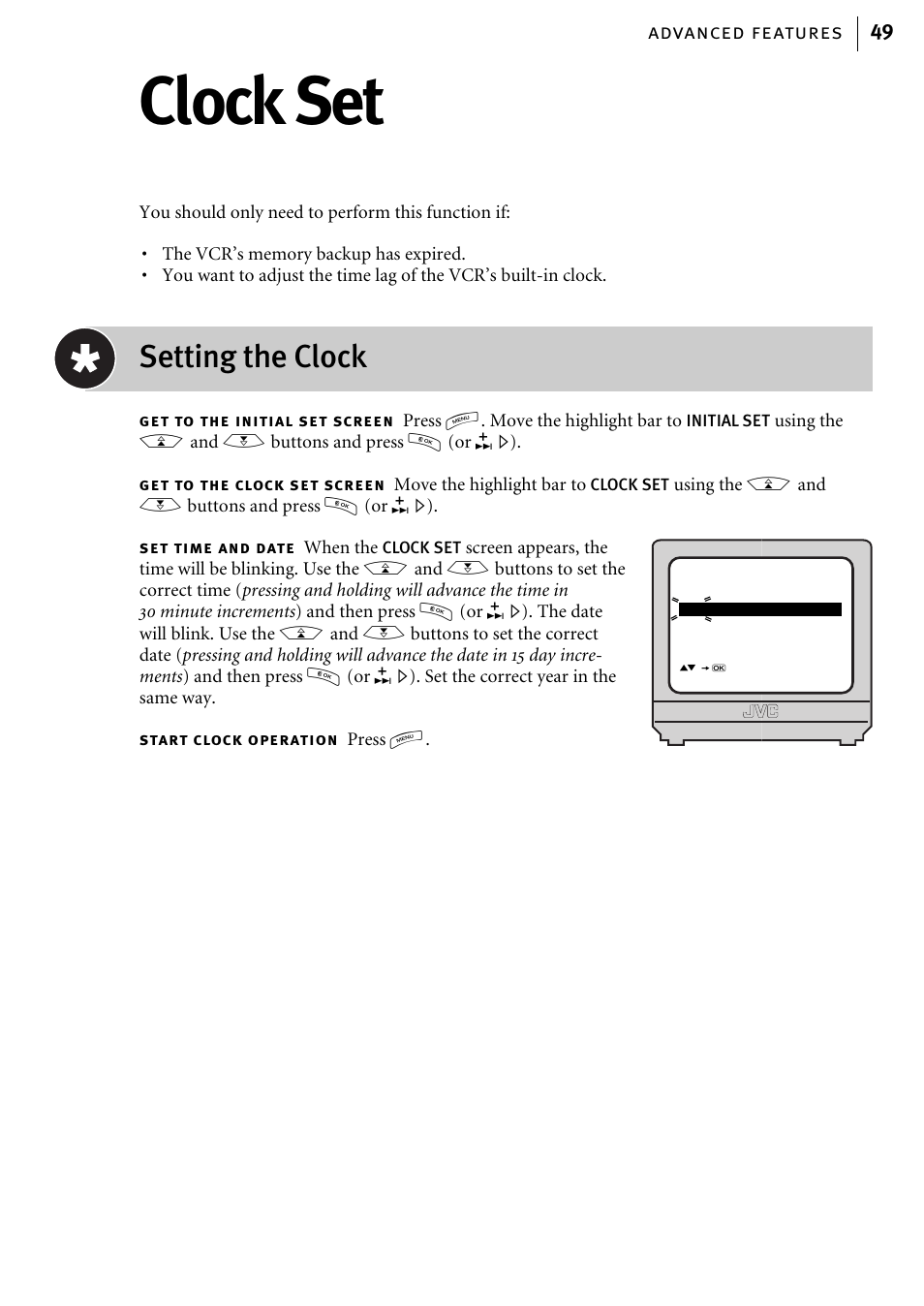 Clock set, Setting the clock | JVC HR-J580EK User Manual | Page 49 / 56
