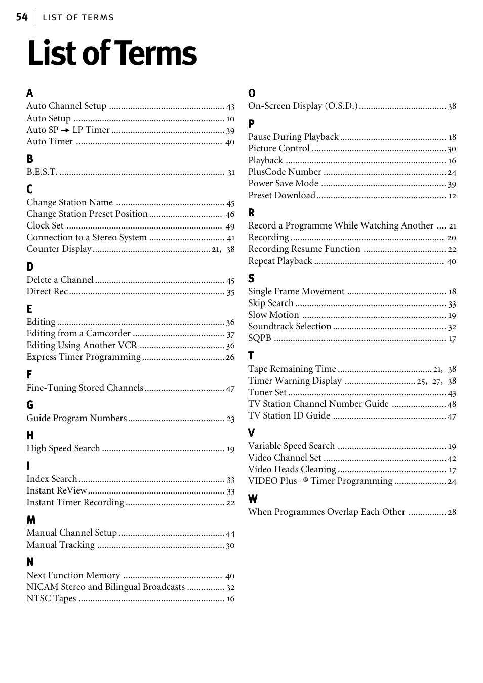 List of terms | JVC HR-J580EK User Manual | Page 54 / 56