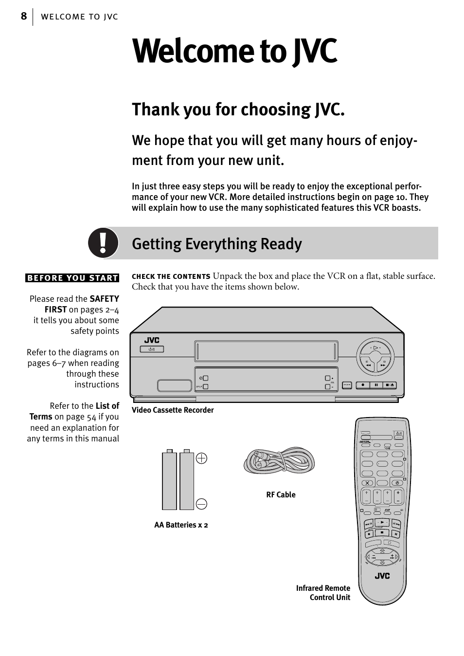 Welcome to jvc, Getting everything ready, Welcome to jvc 8 before you start | Check the contents, Video cassette recorder aa batteries x 2, Rf cable infrared remote control unit | JVC HR-J580EK User Manual | Page 8 / 56