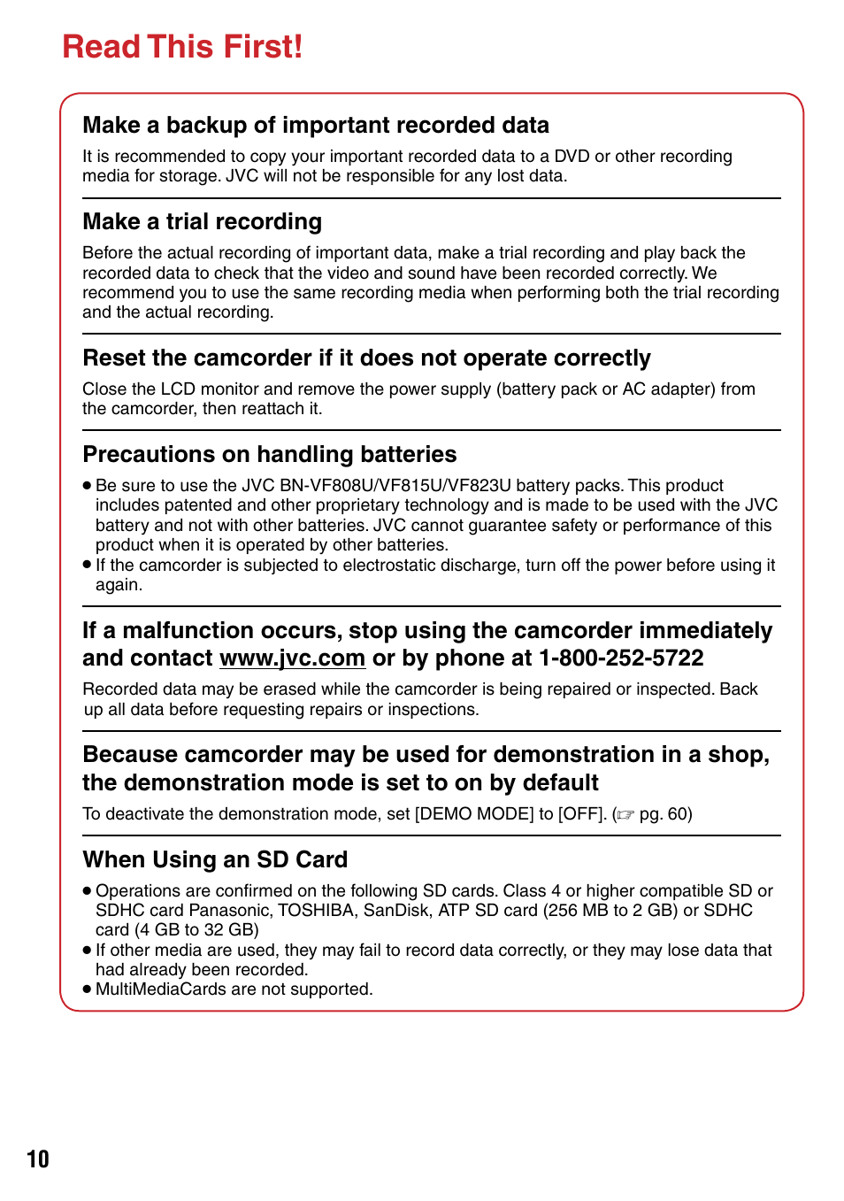 Read this first, 10 make a backup of important recorded data, Make a trial recording | Precautions on handling batteries, When using an sd card | JVC 1208YDR-YG-MD User Manual | Page 10 / 74