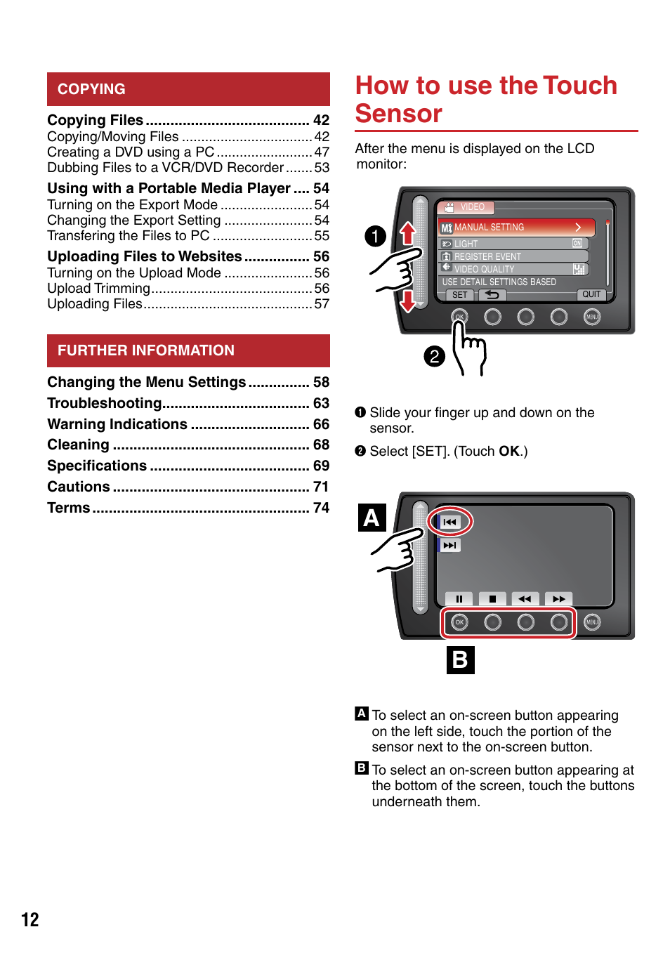 How to use the touch sensor | JVC 1208YDR-YG-MD User Manual | Page 12 / 74