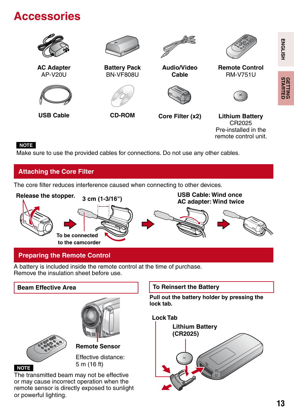 Accessories, Attaching the core filter, Preparing the remote control | Ar te d, Getting started | JVC 1208YDR-YG-MD User Manual | Page 13 / 74