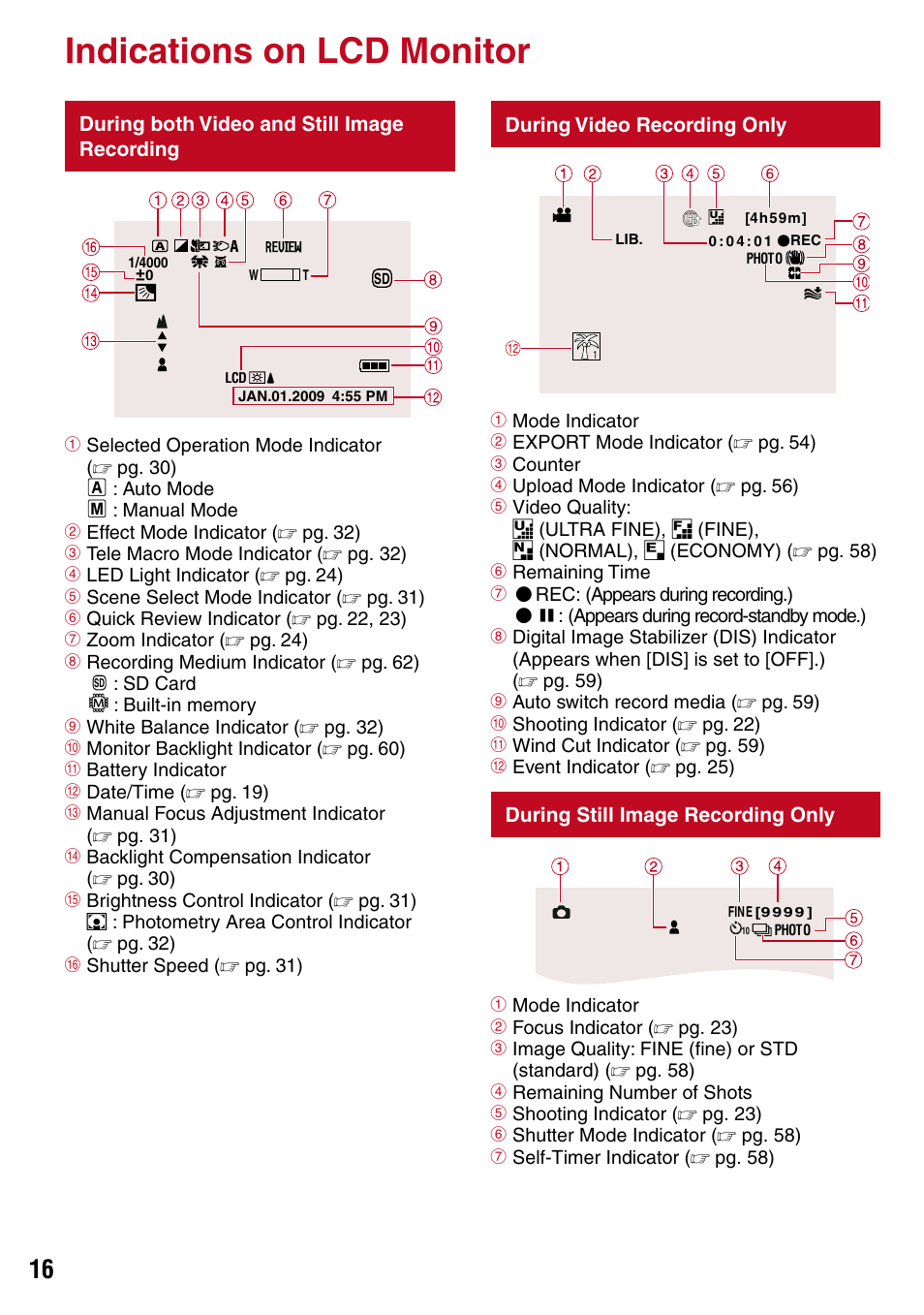 Indications on lcd monitor, During both video and still imagerecording, During video recording only | During still image recording only | JVC 1208YDR-YG-MD User Manual | Page 16 / 74