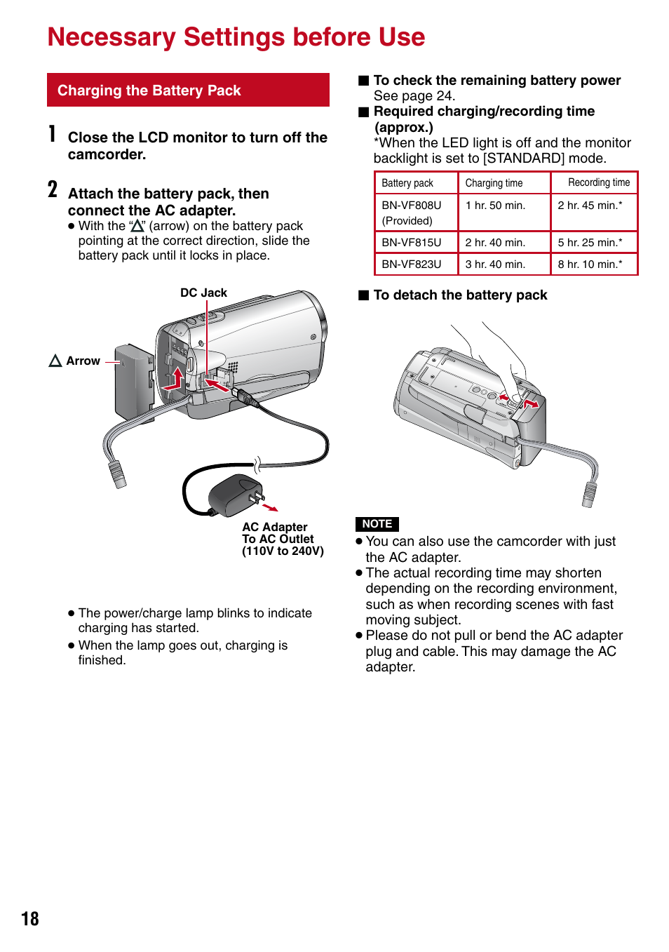 Necessary settings before use, Charging the battery pack, Z pg. 18) | JVC 1208YDR-YG-MD User Manual | Page 18 / 74