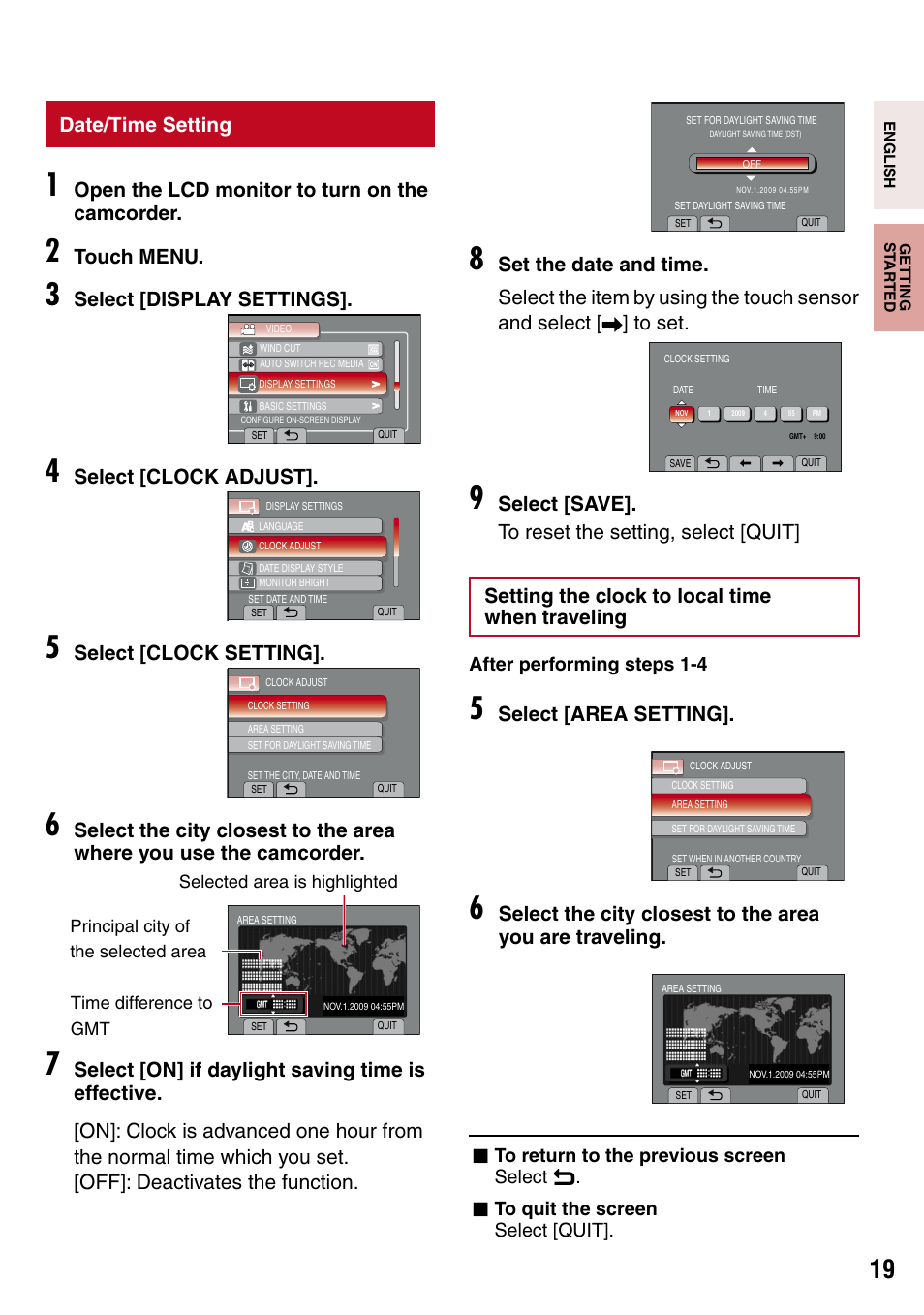 Date/time setting, Date/time (z pg. 19), Open the lcd monitor to turn on the camcorder | Touch menu, Select [display settings, Select [clock adjust, Select [clock setting, Select [area setting | JVC 1208YDR-YG-MD User Manual | Page 19 / 74