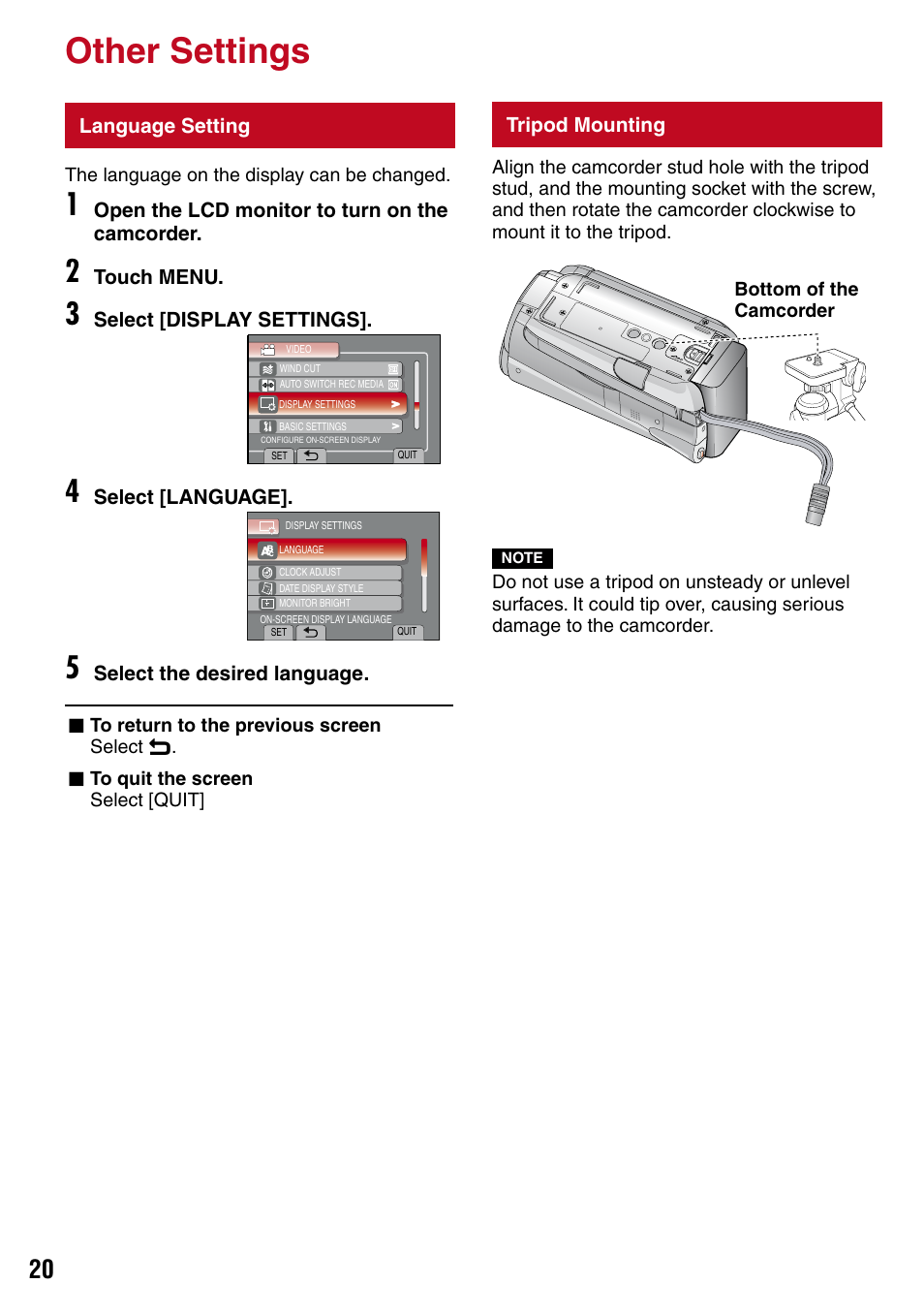 Other settings, Language setting, Tripod mounting | Et (z pg. 20) | JVC 1208YDR-YG-MD User Manual | Page 20 / 74