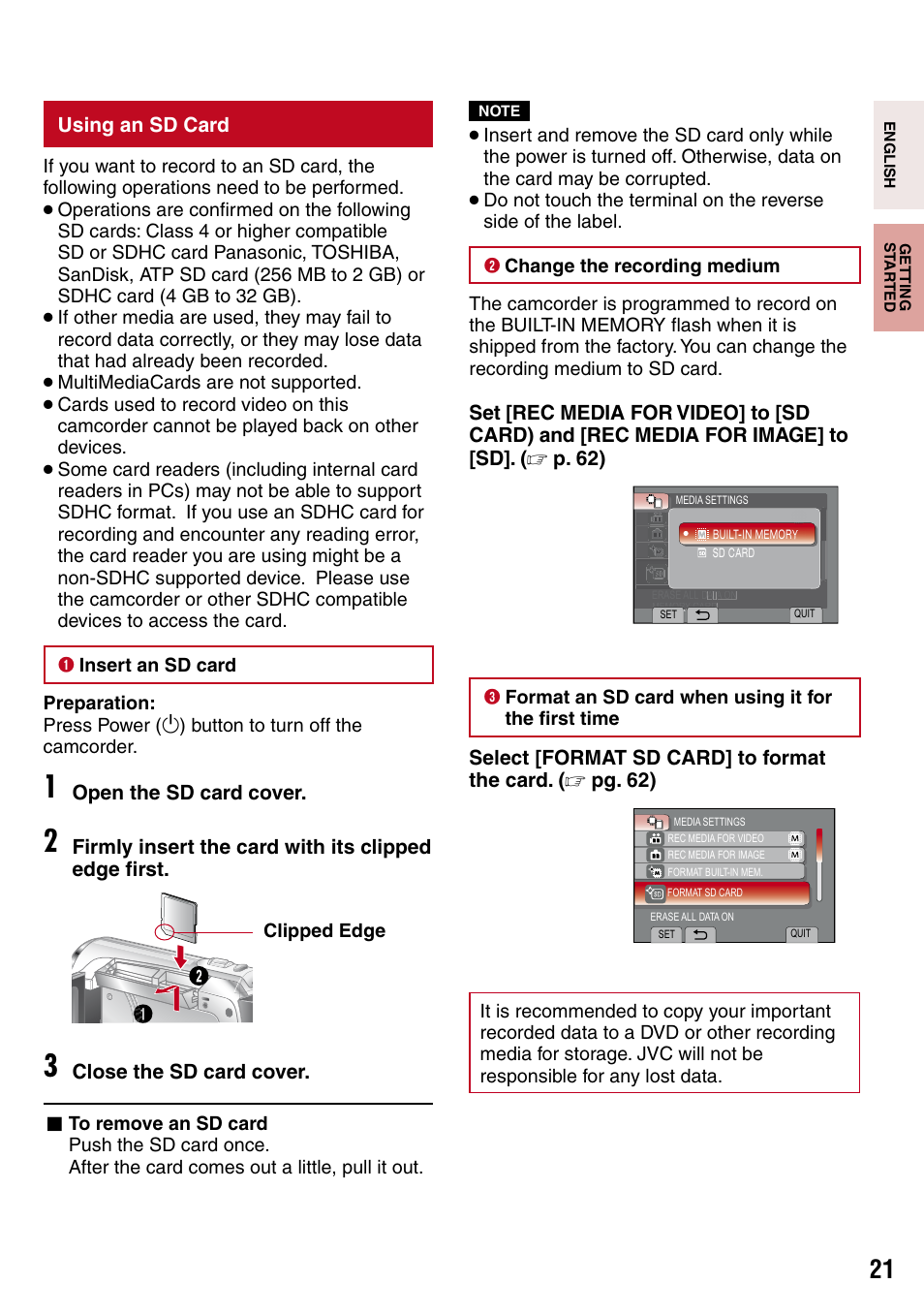 Using an sd card, Sd card slot (z pg. 21) | JVC 1208YDR-YG-MD User Manual | Page 21 / 74