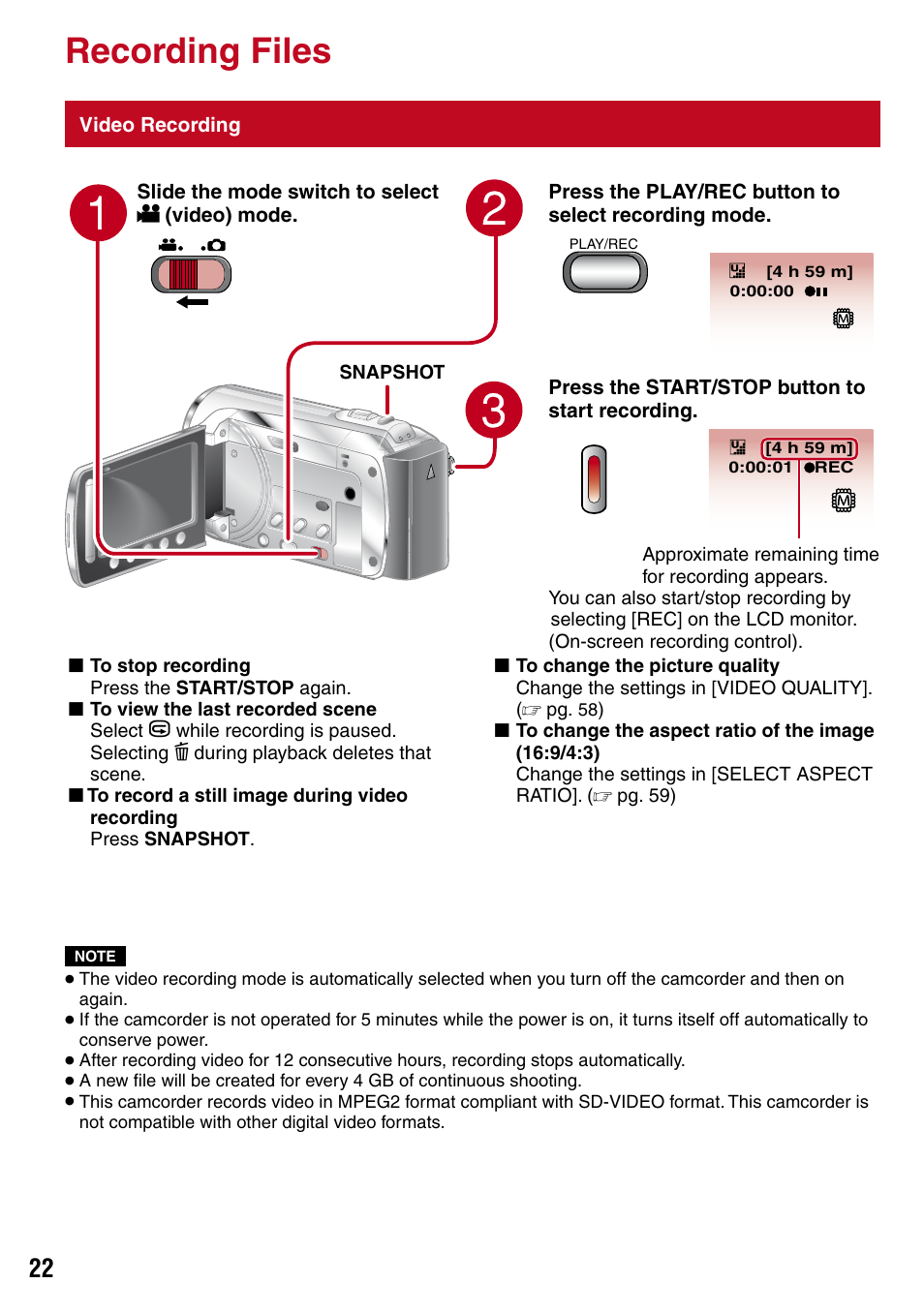 Recording/playback, Recording files, Video recording | Yb a, Pg. 22, 23, 26, 27), Button (z pg. 22), Button (z pg. 22, W indicator (z pg. 22, 23), Shooting indicator (z pg. 22) | JVC 1208YDR-YG-MD User Manual | Page 22 / 74