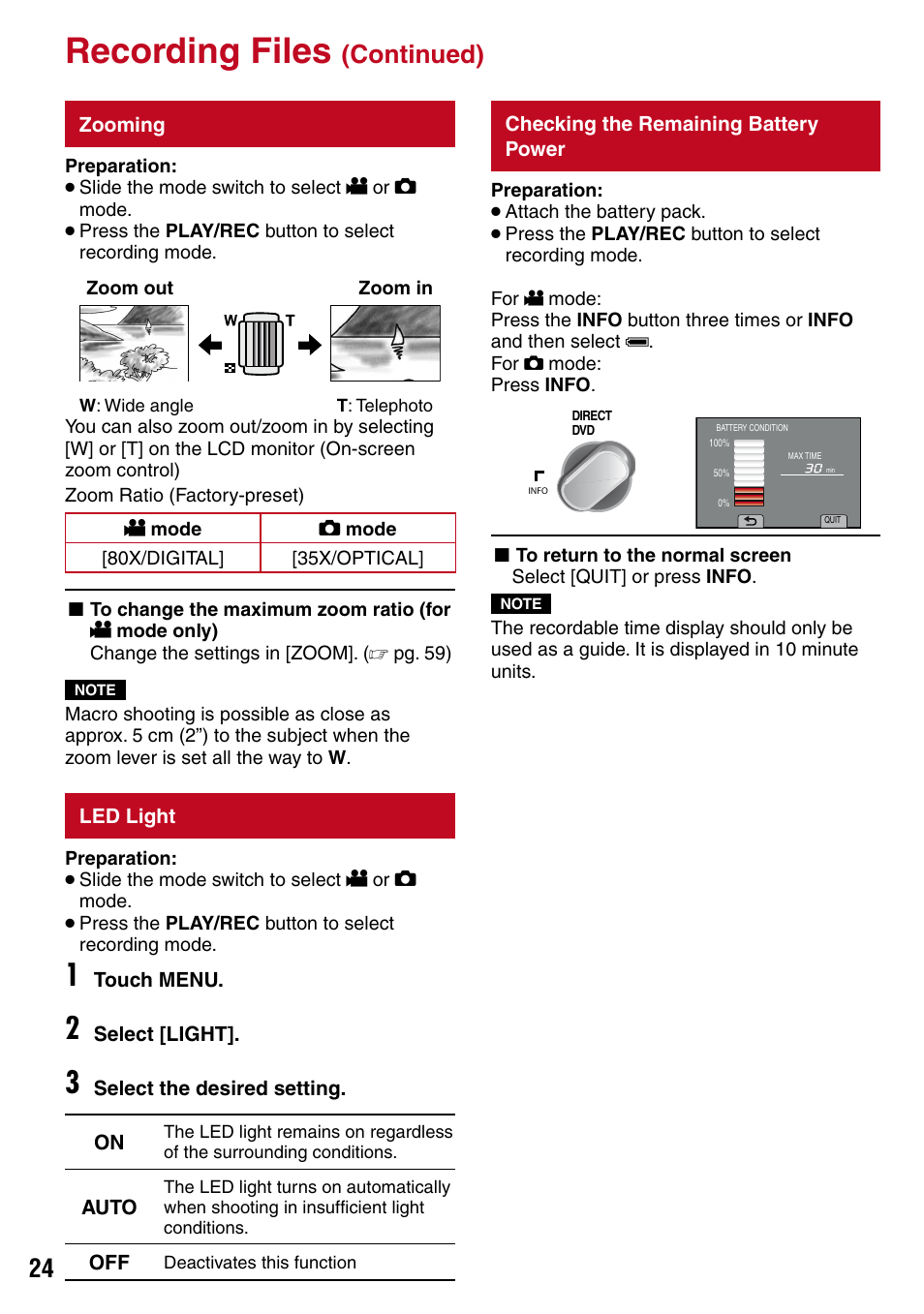 Zooming, Led light, Checking the remaining batterypower | Checking the remaining battery power, Z pg. 24, 25, 37), T] (z pg. 24), Led light (z pg. 24), Led light indicator (z pg. 24), Zoom indicator (z pg. 24), Recording files | JVC 1208YDR-YG-MD User Manual | Page 24 / 74