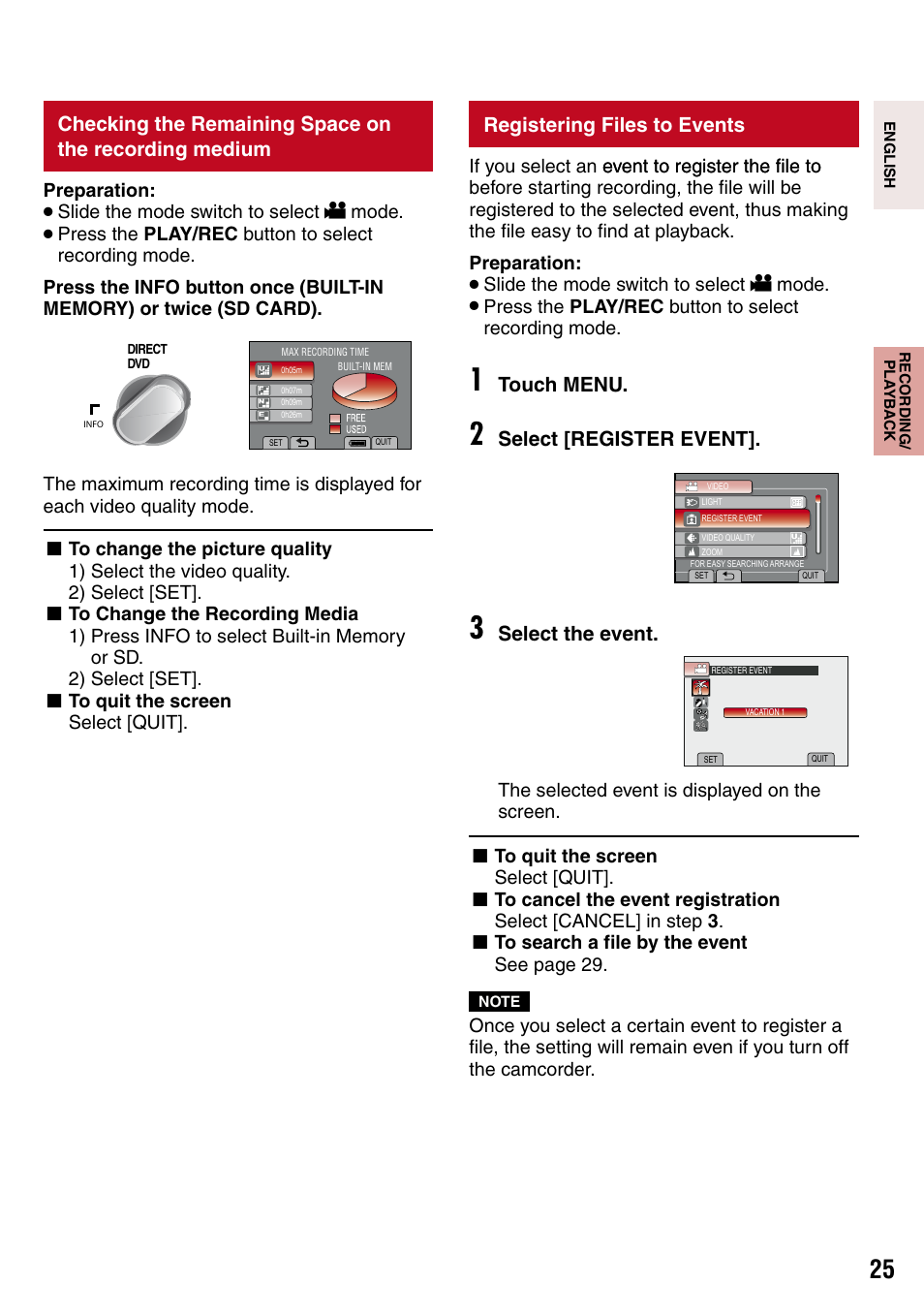 Registering files to events, Checking the remaining space on the, Recording medium | Ent indicator (z pg. 25), Touch menu, Select [register event, Select the event | JVC 1208YDR-YG-MD User Manual | Page 25 / 74