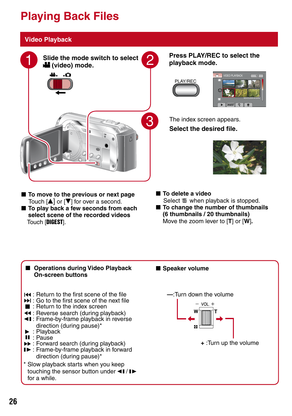 Playing back files, Video playback, Pg. 26) | Olume control (z pg. 26) | JVC 1208YDR-YG-MD User Manual | Page 26 / 74