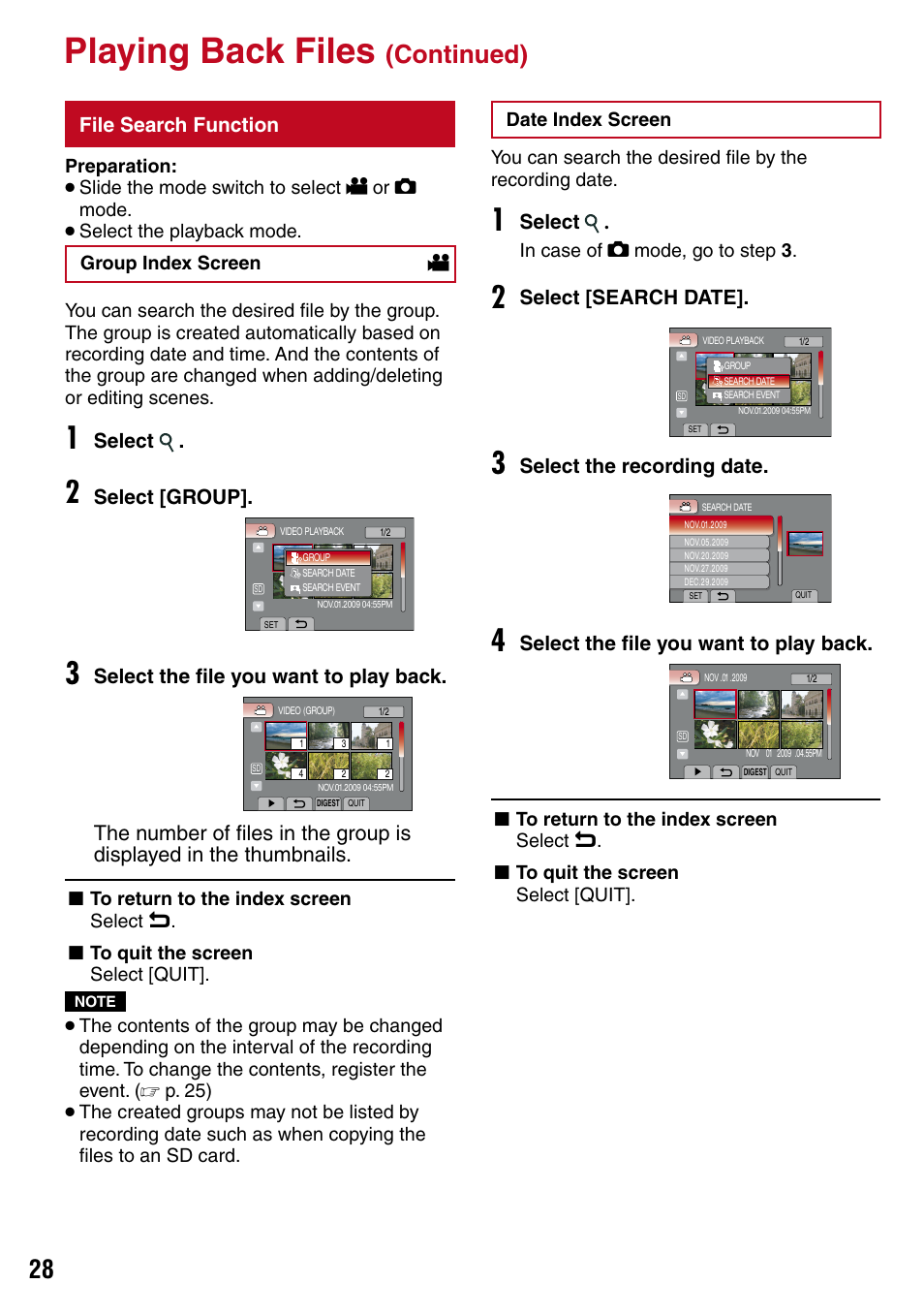 File search function, Playing back files, Continued) | JVC 1208YDR-YG-MD User Manual | Page 28 / 74