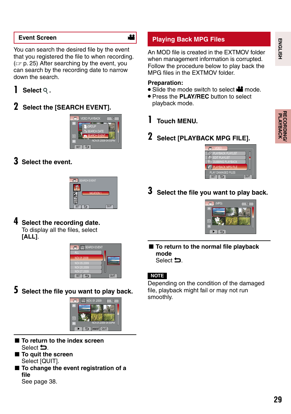 Playing back mpg files, Touch menu, Select [playback mpg file | Select the file you want to play back, Select, Select the [search event, Select the event, Select the recording date | JVC 1208YDR-YG-MD User Manual | Page 29 / 74