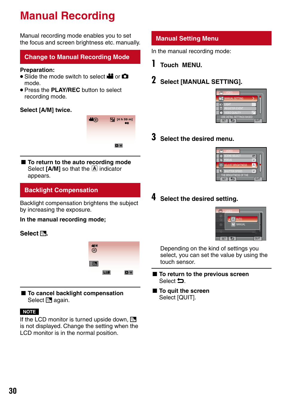 Manual recording, Change to manual recording mode, Backlight compensation | Manual setting menu, Z pg. 30) | JVC 1208YDR-YG-MD User Manual | Page 30 / 74