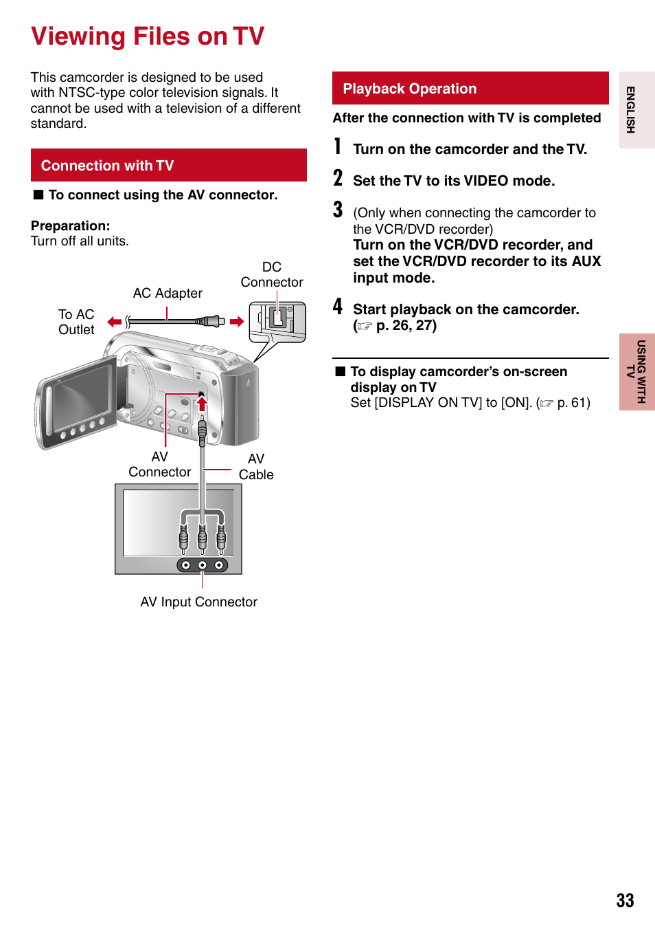 Using with tv, Viewing files on tv, Connection with tv | Playback operation, Pg. 33), With | JVC 1208YDR-YG-MD User Manual | Page 33 / 74