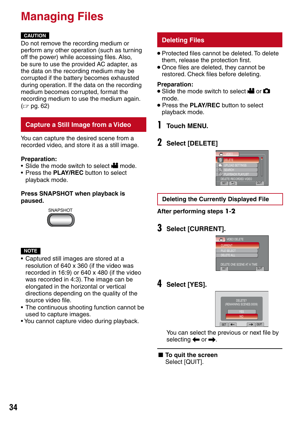 Managing files, Capture a still image from a video, Deleting files | Editing | JVC 1208YDR-YG-MD User Manual | Page 34 / 74