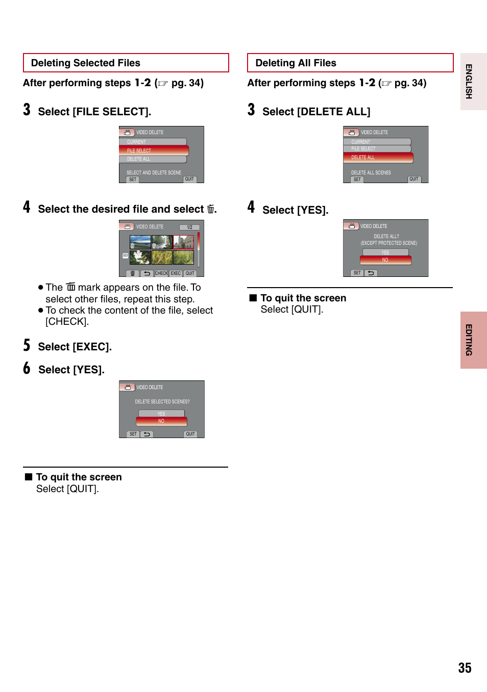 Editing, Select [delete all, Select [yes | Select [file select, Select the desired file and select, Select [exec | JVC 1208YDR-YG-MD User Manual | Page 35 / 74