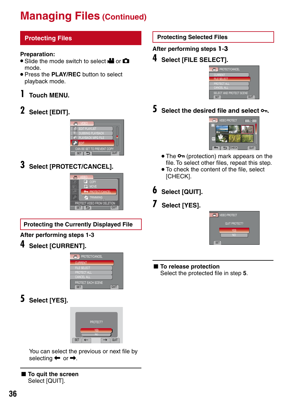 Protecting files, Managing files, Continued) | Select [file select, Select the desired file and select x, Select [quit, Select [yes, Touch menu, Select [edit, Select [protect/cancel | JVC 1208YDR-YG-MD User Manual | Page 36 / 74