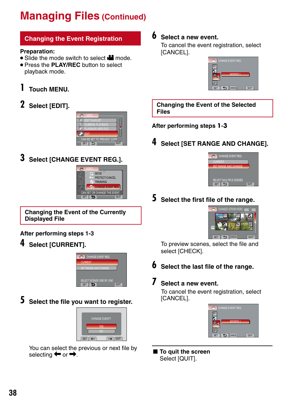 Changing the event registration, Managing files, Continued) | Select a new event, Select [set range and change, Select the first file of the range, Select the last file of the range, Touch menu, Select [edit, Select [change event reg | JVC 1208YDR-YG-MD User Manual | Page 38 / 74