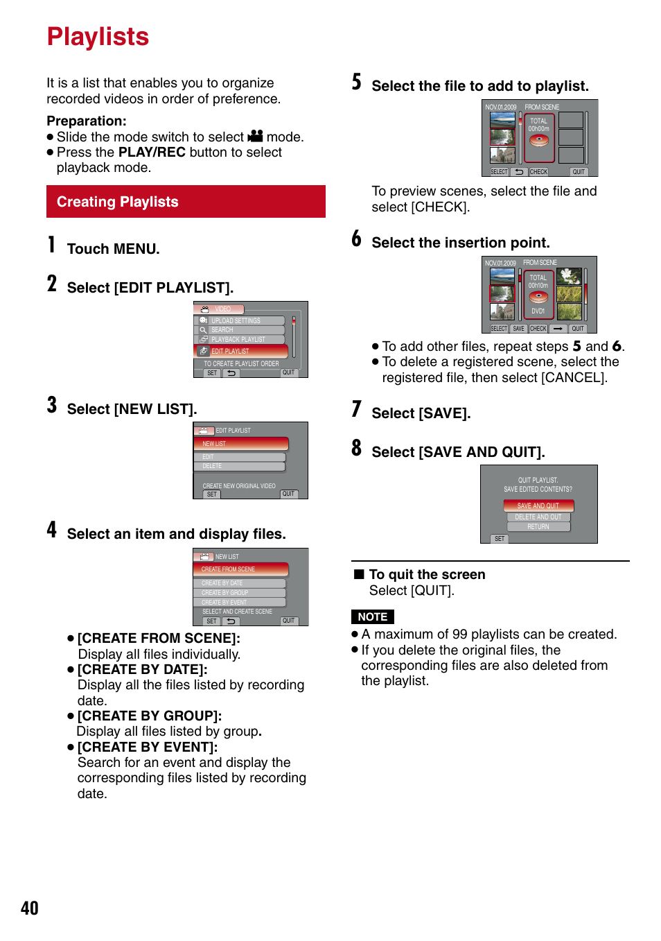 Playlists, Creating playlists | JVC 1208YDR-YG-MD User Manual | Page 40 / 74