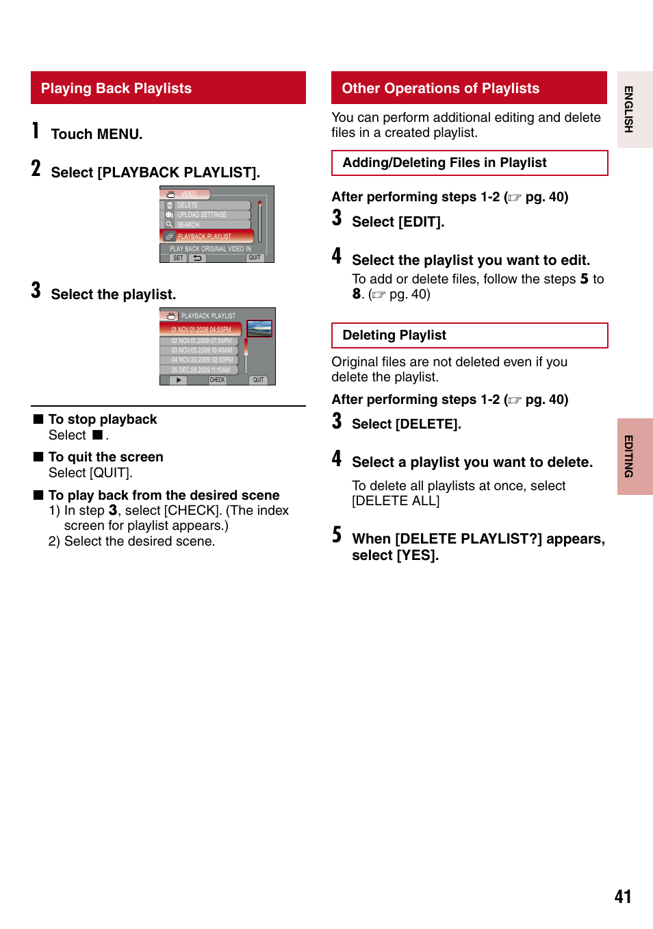 Playing back playlists, Other operations of playlists, Ylist.) (z pg. 41) | JVC 1208YDR-YG-MD User Manual | Page 41 / 74