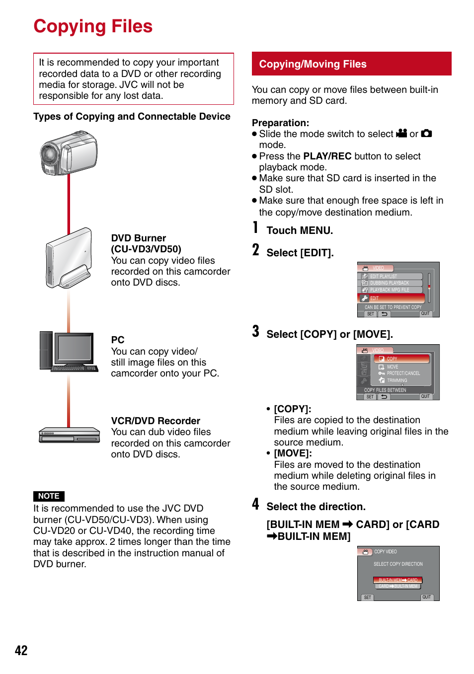 Copying files, Copying/moving files, Copying | JVC 1208YDR-YG-MD User Manual | Page 42 / 74