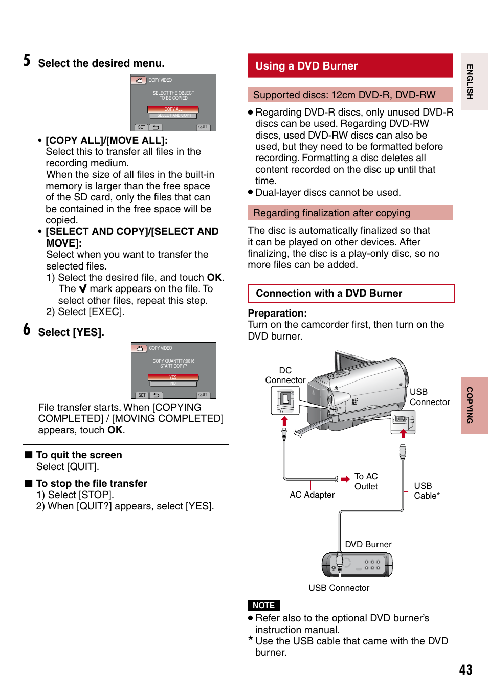 Copying, Using a dvd burner, Vd discs (z pg. 43) | Usb connector (z pg. 43, 48) | JVC 1208YDR-YG-MD User Manual | Page 43 / 74