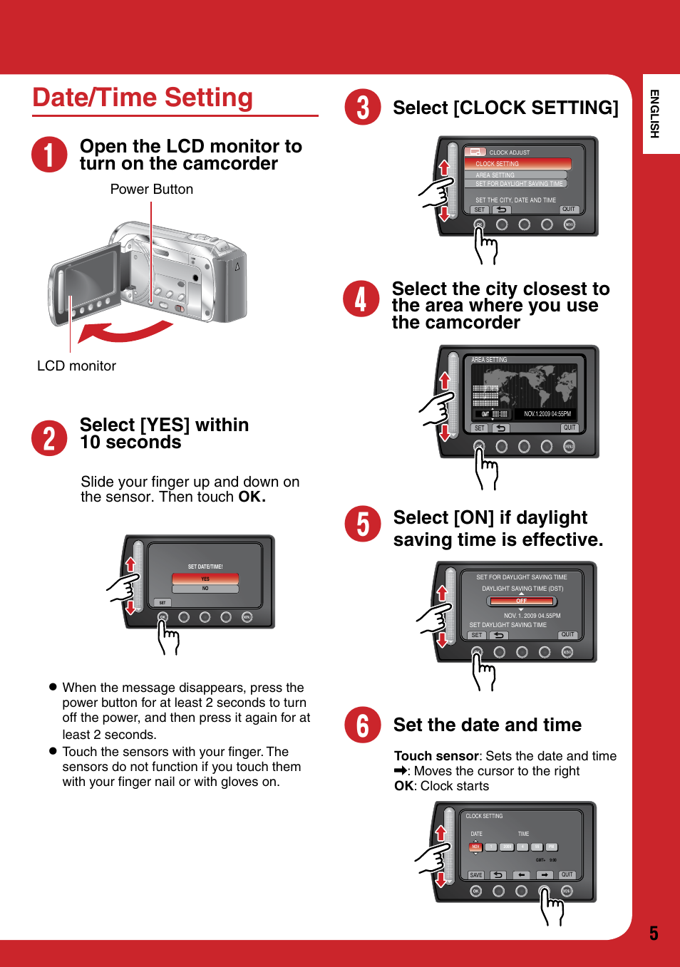 Date/time setting, Open the lcd monitor to turn on the camcorder, Select [yes] within 10 seconds | Select [clock setting, Select [on] if daylight saving time is effective, Set the date and time | JVC 1208YDR-YG-MD User Manual | Page 5 / 74