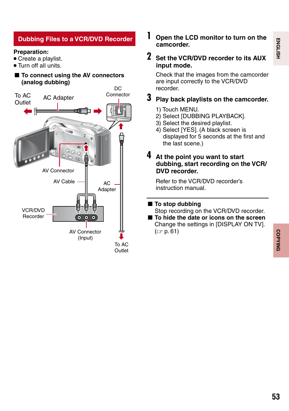 Dubbing files to a vcr/dvd recorder, Vd recorder (z pg. 53) | JVC 1208YDR-YG-MD User Manual | Page 53 / 74