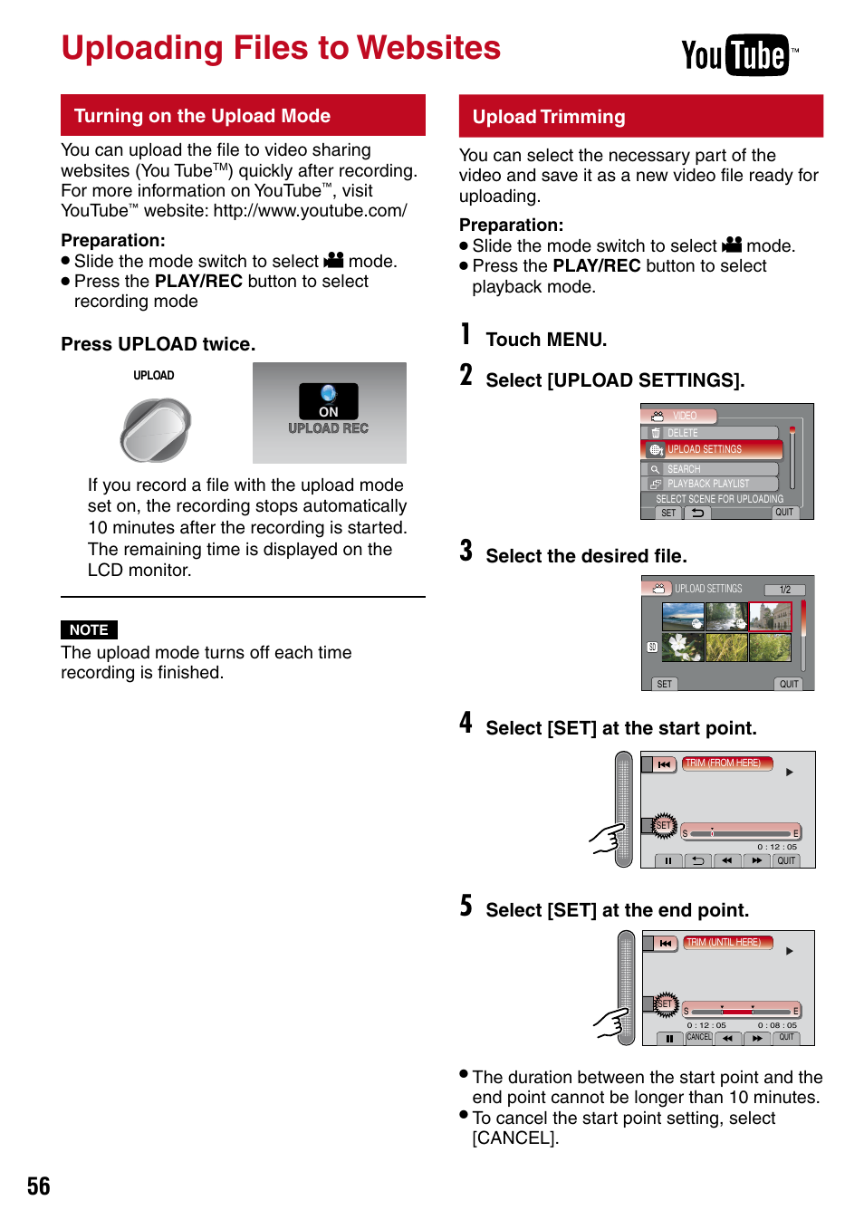 Uploading files to websites, Turning on the upload mode, Upload trimming | Button (z pg. 56), Upload mode indicator (z pg. 56) | JVC 1208YDR-YG-MD User Manual | Page 56 / 74