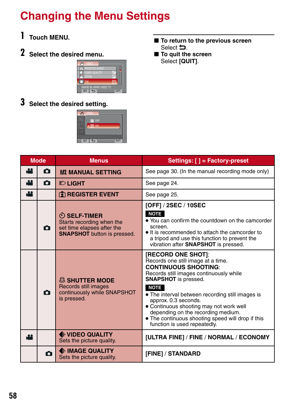 Changing the menu settings, Ther, Further information | Economy) (z pg. 58), Standard) (z pg. 58), Shutter mode indicator (z pg. 58), Self-timer indicator (z pg. 58) | JVC 1208YDR-YG-MD User Manual | Page 58 / 74