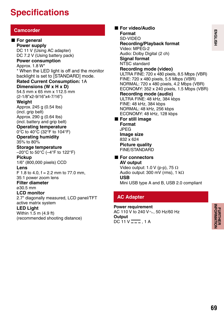 Specifications, Camcorder, Ac adapter | JVC 1208YDR-YG-MD User Manual | Page 69 / 74