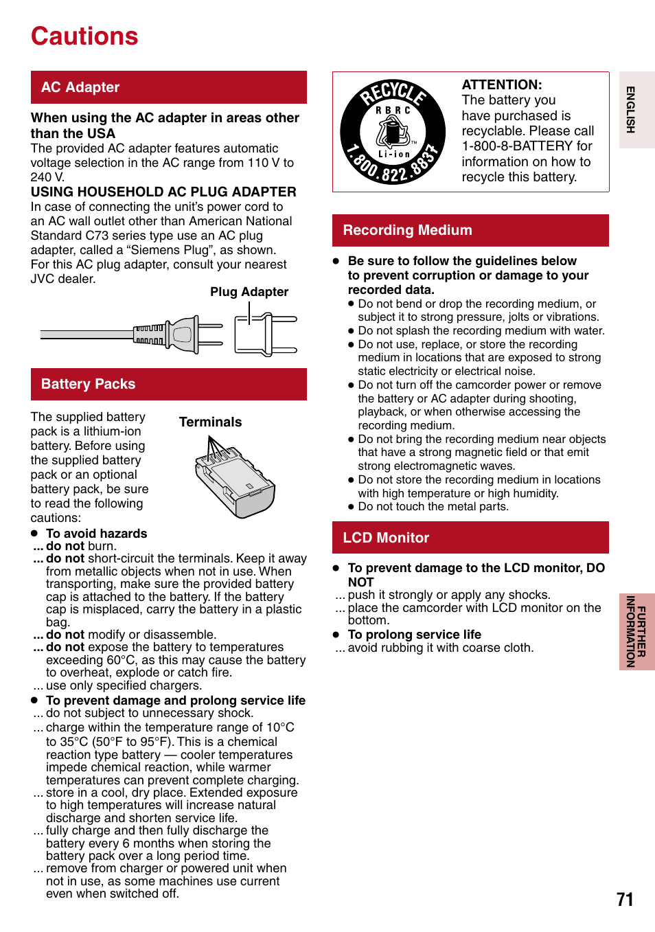 Cautions, Ac adapter, Battery packs | Recording medium, Lcd monitor | JVC 1208YDR-YG-MD User Manual | Page 71 / 74